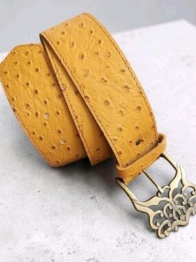 Vintage Kandell & Marcus Ostrich Quill Embossed Tan Yellow Leather Belt Size M/L